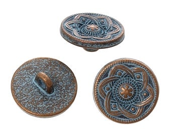 10 Copper Shank Buttons, flower pattern, 15mm (5/8") diameter, antiqued with a BLUE paint wash, shabby chic but0195