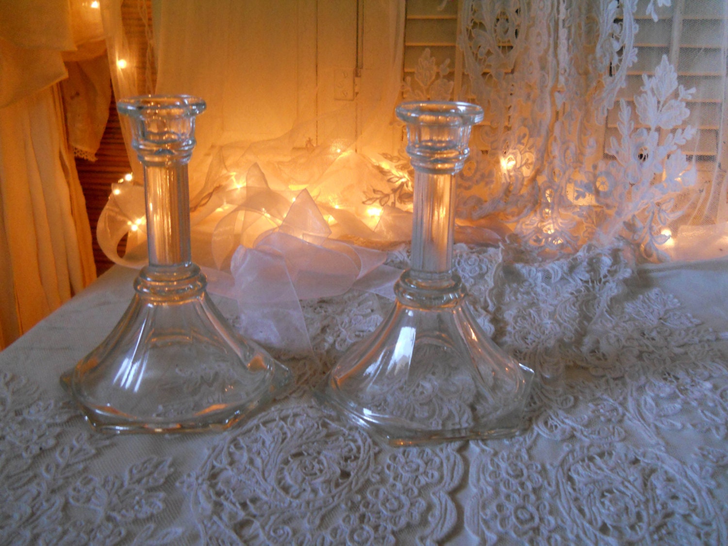 Large Heavy Glass HOMCO Candle Holders Clear Glass Candle