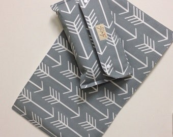 Diaper clutch nappy bag wallet with travel change mat/pad. White arrows on Grey. Best baby shower gift