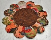 Thanksgiving Dresden Plate Candle Mat - Retro Coaster - Holiday Table Topper - Turkeys - Hand Quilted - Rustic Fall Colors Home Decor