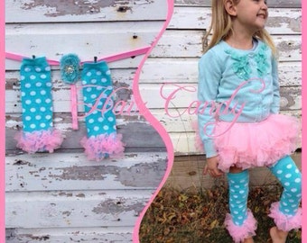 Teal polka dot and pink ruffles boot socks leg warmers or arm warmers