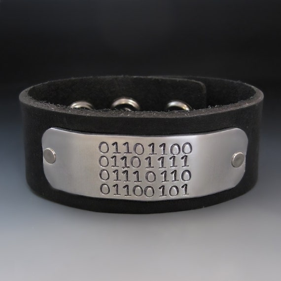 Men's Stamped Leather Cuff Binary Love Bracelet