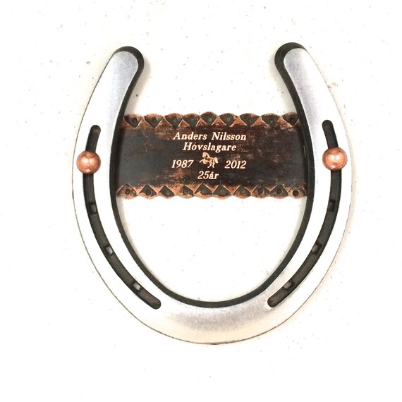 Copper engraved plate on horseshoe by BlacksmithCreations on Etsy