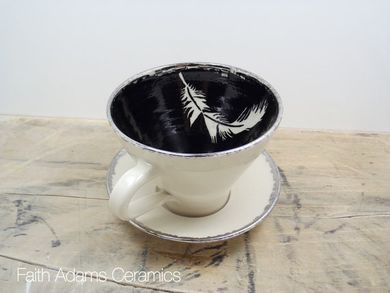 Feather White, Black and Silver Porcelain Tea Cup & Saucer or Mug-Christmas Gift, Wedding Gift