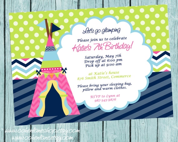 Printable Girls Glamping Birthday Party Invitation. Girls Camping ...