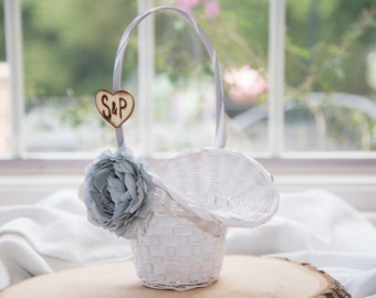 Gray Flower White flower girl basket you pick the color of ribbon and flower plus initials