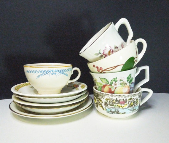 5  cups  cups and saucers 5 cups  or saucers and Mismatched saucers  tea coffee tea mismatched vintage  and