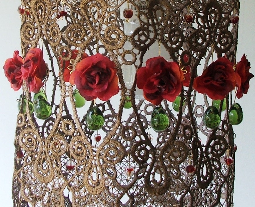 Handmade Painted Lace Lamp Shade Lovely Burgundy Roses