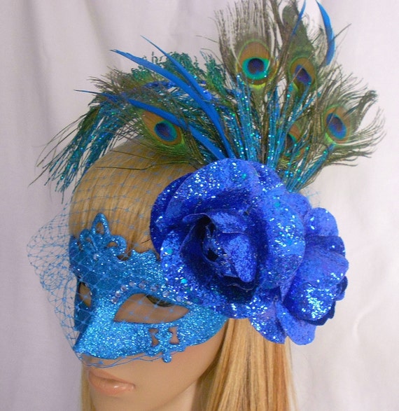 Peacock Feather Fascinator Masquerade Mask Blue Flower