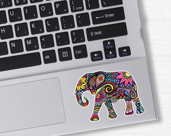 Small Elephant Laptop Decal Colorful Design Bumper Sticker Pink Green Teal Yellow Jungle Flowers Cute Car Decal Hippie Boho Tribal