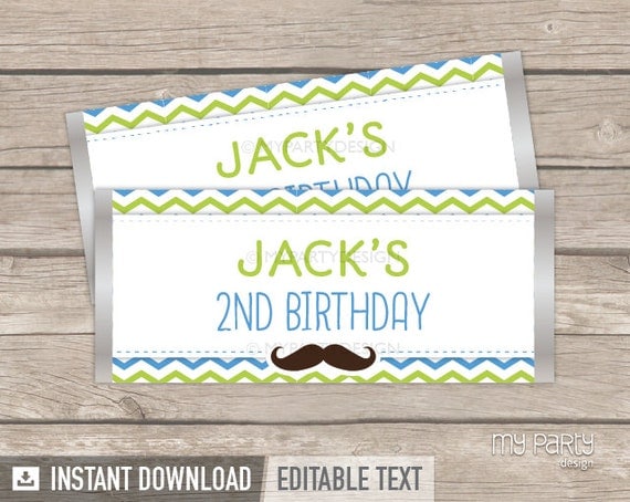 Mustache / Little Man Birthday Party - Chocolate Wrappers - Green Blue - INSTANT DOWNLOAD - Printable PDF with Editable Text Il_570xn