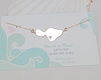 Heart in Maui Necklace, sterling or 14Kgf Hawaiian Island Necklace by Sparrow Seas