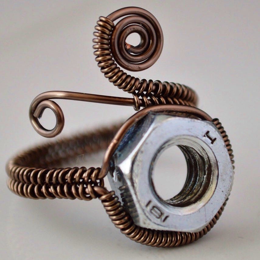 Steampunk Industrial nut wire wrapped adjustable ring, Gunmetal Enameled wire Male or female jewellery steampunk buy now online