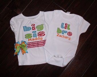 Boutique Primary colors with Chevron Lil SiS or Bro Bodysuit Big sis or Bro Shirt Set and 6M to 14 youth for the Shirt