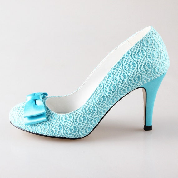 Items similar to New Turquoise aqua lace bow shoes wedding party shoes ...