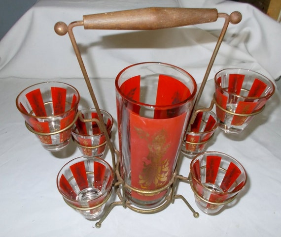 Jeannette Glass Cocktail Caddy 8 Piece Red Gold Glass After