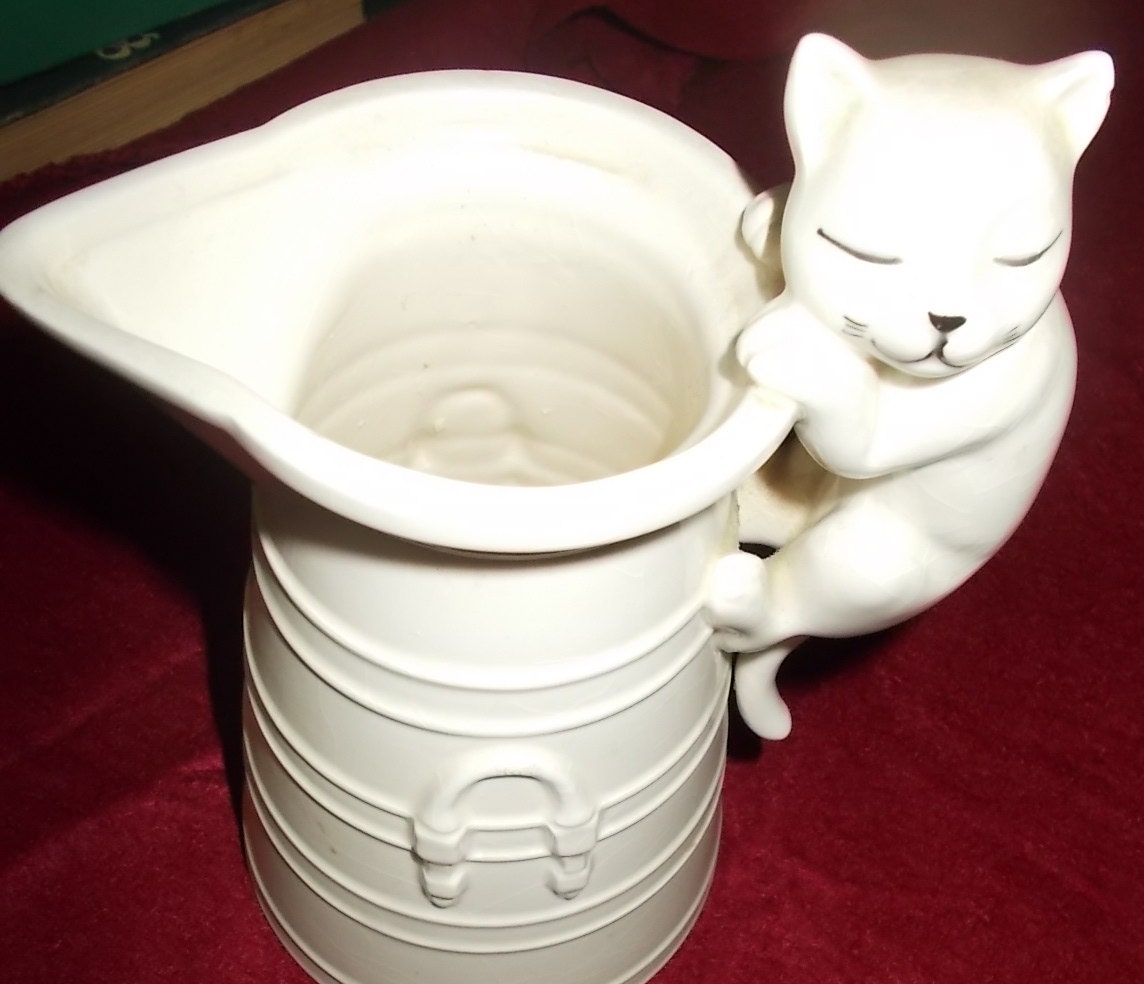 Cat Handle Milk Pitcher Vintage Porcelain by hometowngeneralstore