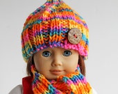 American Girl Doll Hand Knitted Bright Multi-Colored Winter Accessories Hat Scarf Leg Warmers