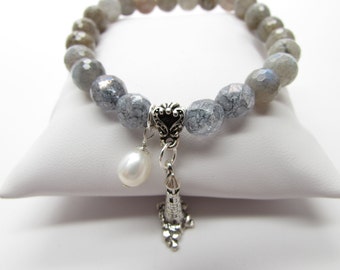 Precious Gemstone Labradorite Blue Gray Faceted Bracelet with Fresh Water White Pearl and Sterling Silver
