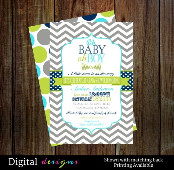 Boys baby shower invitations bowtie, navy, lime, aqua - digital, printable file NO.127 Il_570xn