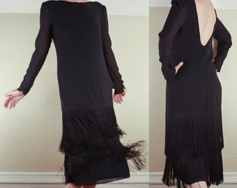 70's Fringed DRESS Formal Party // Navy Blue // Long Fringe // 1930's Style // Size Medium
