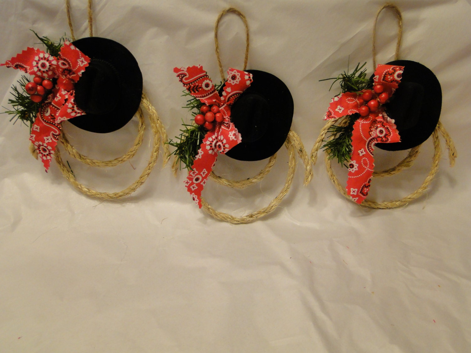 Western Christmas Cowboy Hat Mini Lariat Lasso Wreath Ornaments ~ Handmade ~ Set of 3