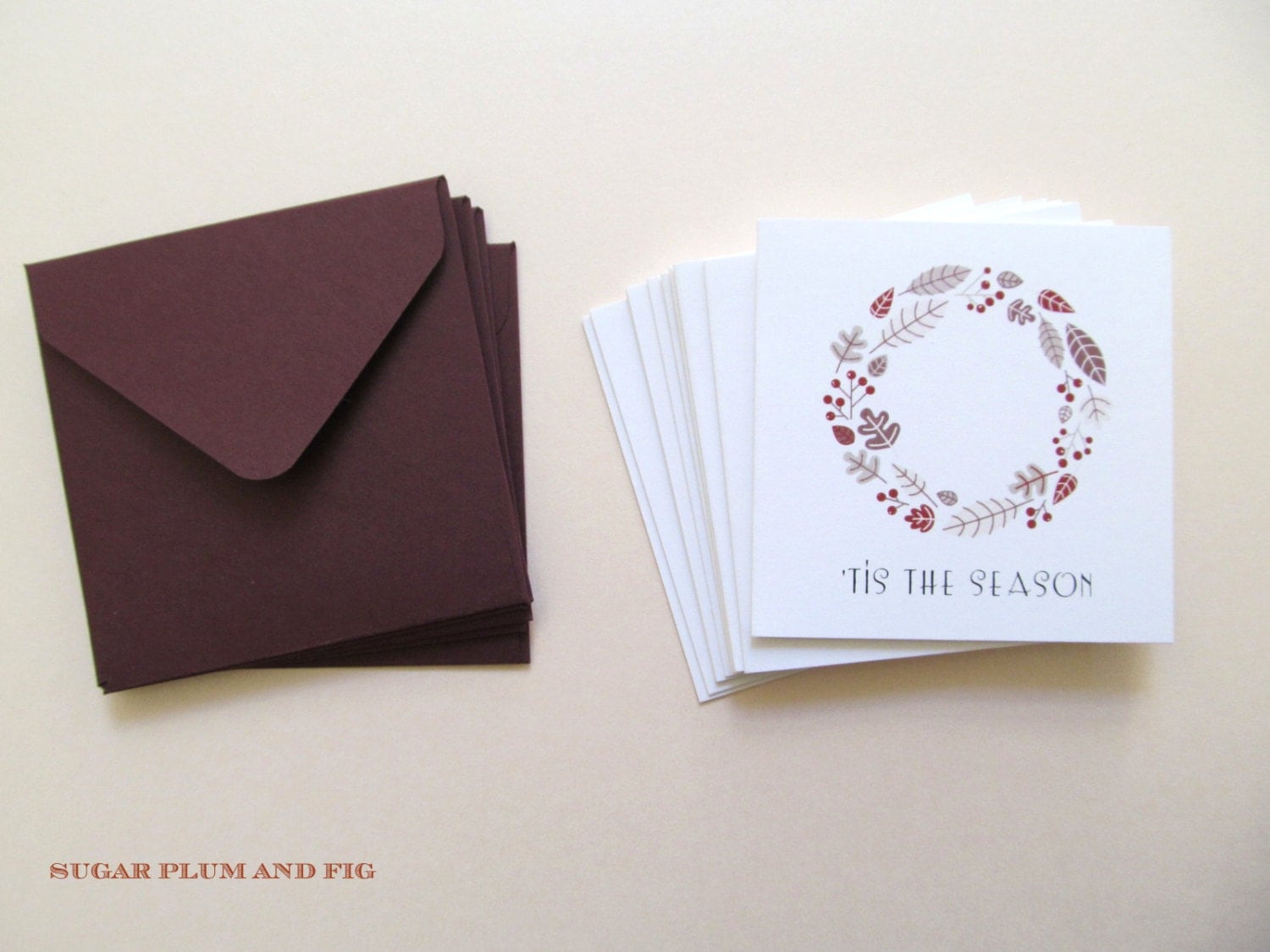 SALE - 50% off - 10 Mini Holiday Wreath Cards, Christmas Card Set , Mini Envelopes , Winter Berry Wreath , Dark Purple Fig