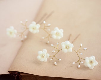 82_Ivory flower hair pins, Pearl hair pin, Ivory wedding hair accessories, Gold hair pin, Bridal hair flowers, Bride flower pin, Hair pins.