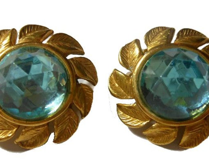 White stag signed clip-on on earrings light blue glass cabochon surrounded by gold tone leaves