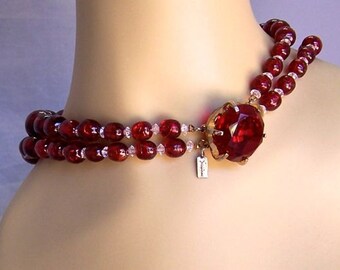 Vintage Vendome Cherry Red Lucite Necklace with Glass Clasp