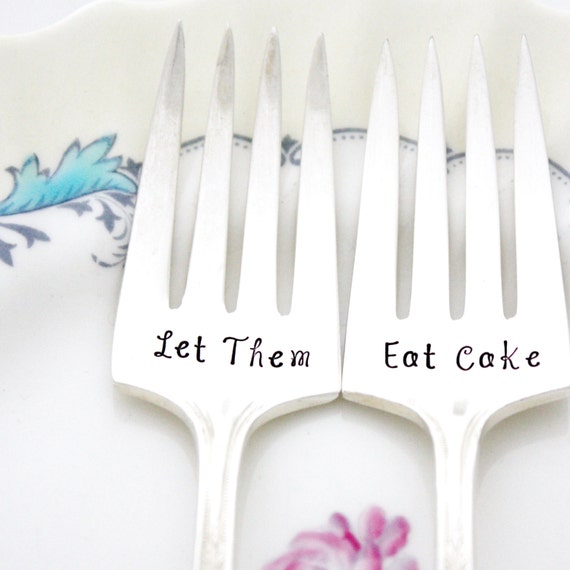 Hand stamped forks Let Them Eat Cake set by MilkandHoneyLuxuries