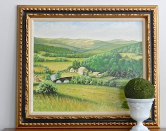 Large Vintage Original Oil Painting on Canvas Signed Landscape Pastoral French Country Provence Green Hills Countryside