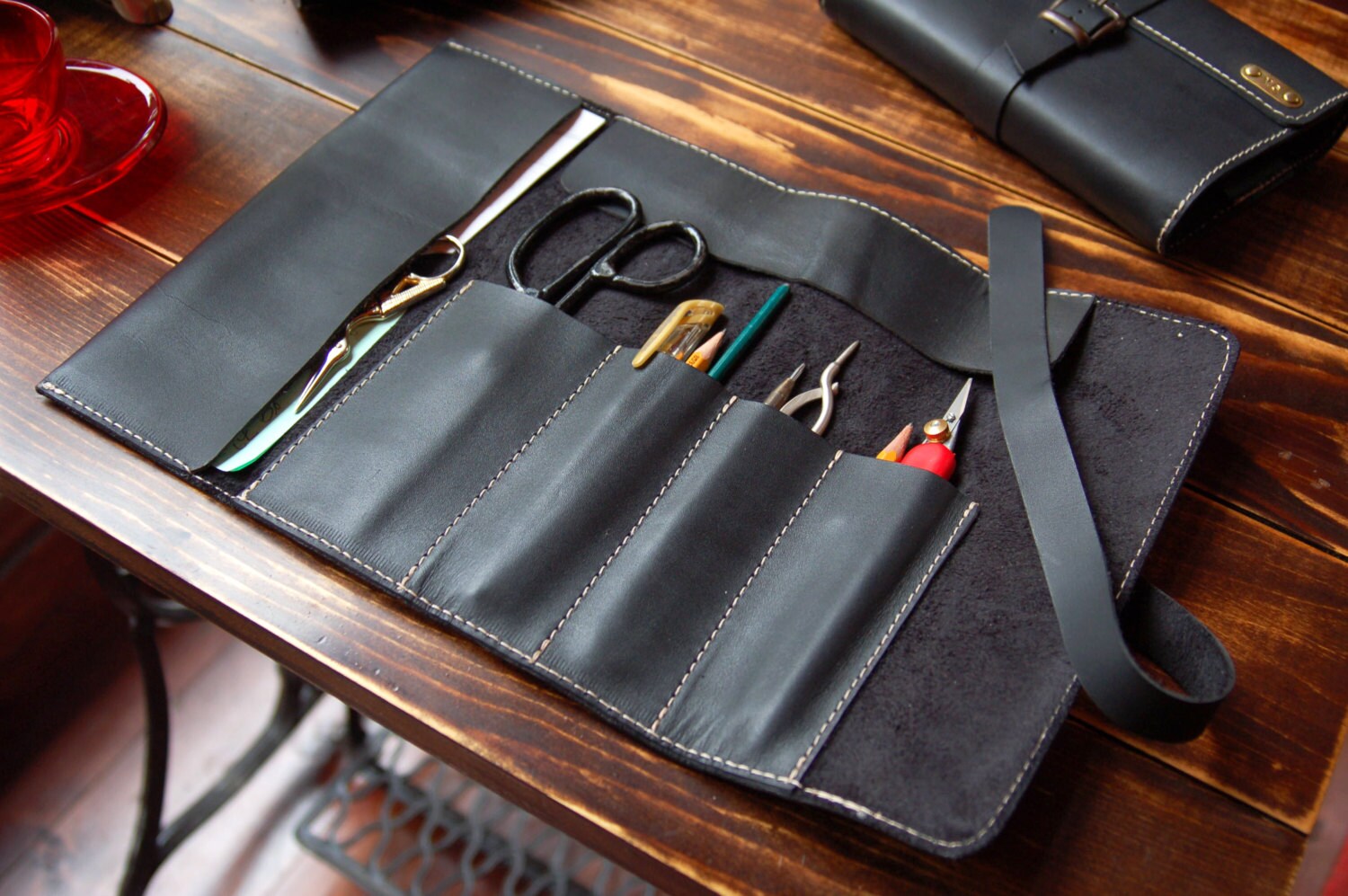 Personalized leather pencil case wrap tool bag roll pencil
