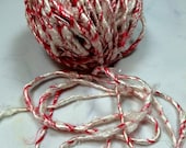 10 yd Recycled Sari Silk Yarn Red White Christmas Holiday Jewelry Wrap Bracelet Eco Gift Wrap Fair Trade  Fiber Art Crochet Knitting Supply