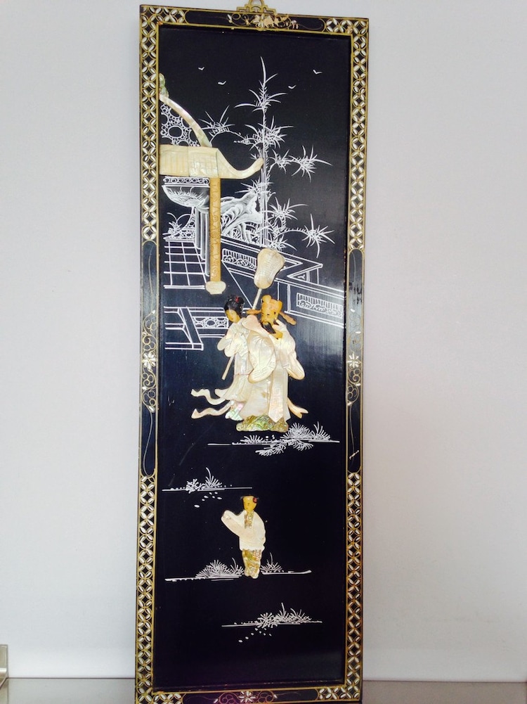 Asian Wall Art / 4 Black Lacquer Wood Panels by saltydogvintage