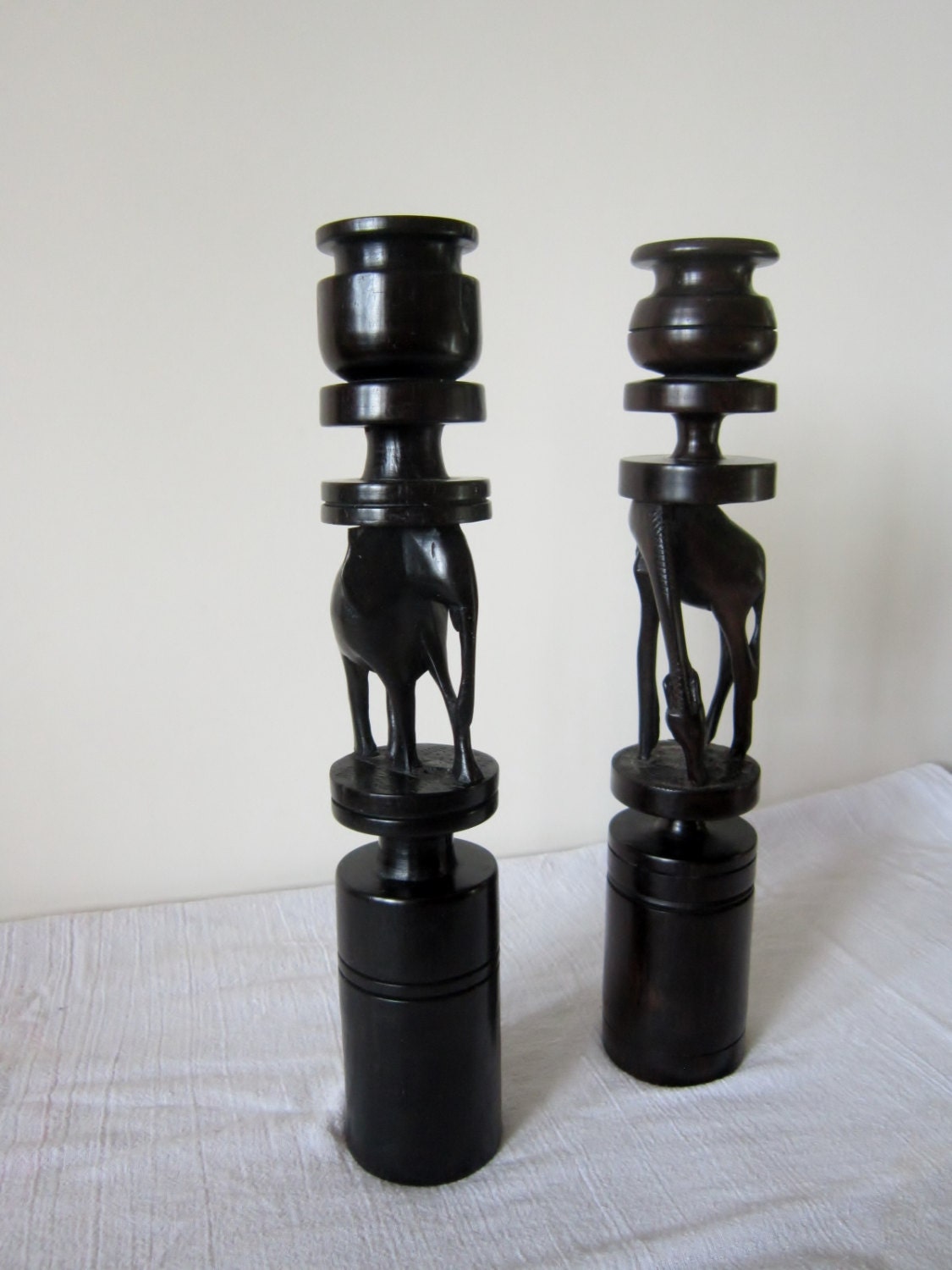 Vintage Finely Carved African Blackwood Candle Holders from