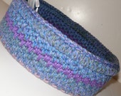 Crochet Cat Bed, Large Storage Basket in Sea Blues with Lavender Stripe, Rag Rug Inspired Travel Pet Bed Round