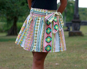 Summer Fashion Skirt / Colorful Tribal Pink, Yellow, Green and Grey Mini Skirt with Sash Belt / Ready to Ship