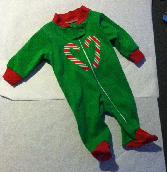 Candy Cane Love Christmas Red and Green Baby and Infant Sleeper with Feet. Knit Jersey Holiday Baby Clothes