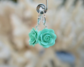 Mint Green Rose Dangle earrings, Light Mint Green Rose Earrings, Dusty Mint Green Bridesmaid Earrings, Mint Green wedding theme Jewelry