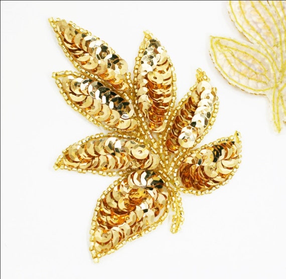 Gold Sequin Leaf Applique Gold Beaded Applique 1 piece