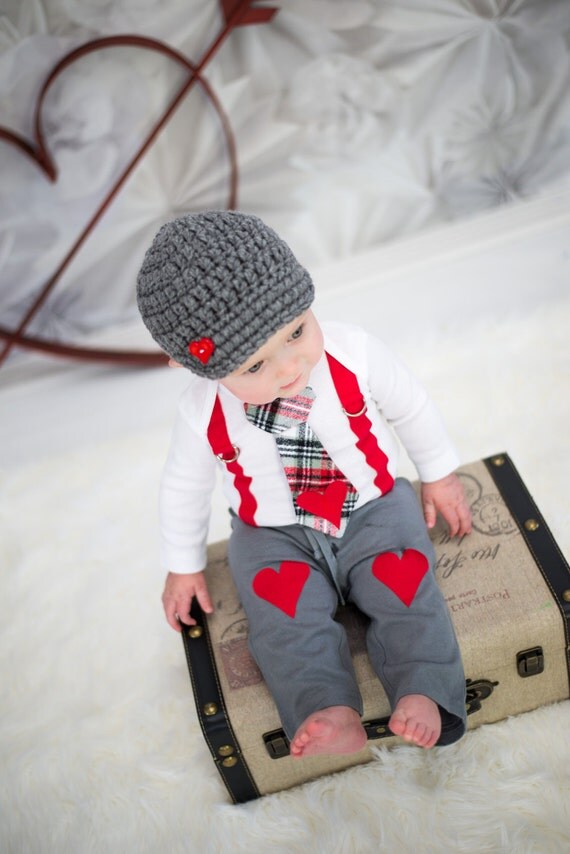 Valentine's Day Baby Boy Tie Suspender Bodysuit. Heart