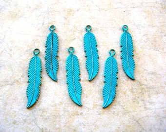 2 Sided Bohemian Feather Charms - Blue Feather Charm Lot - Boho Feather - Jewelry Supplies