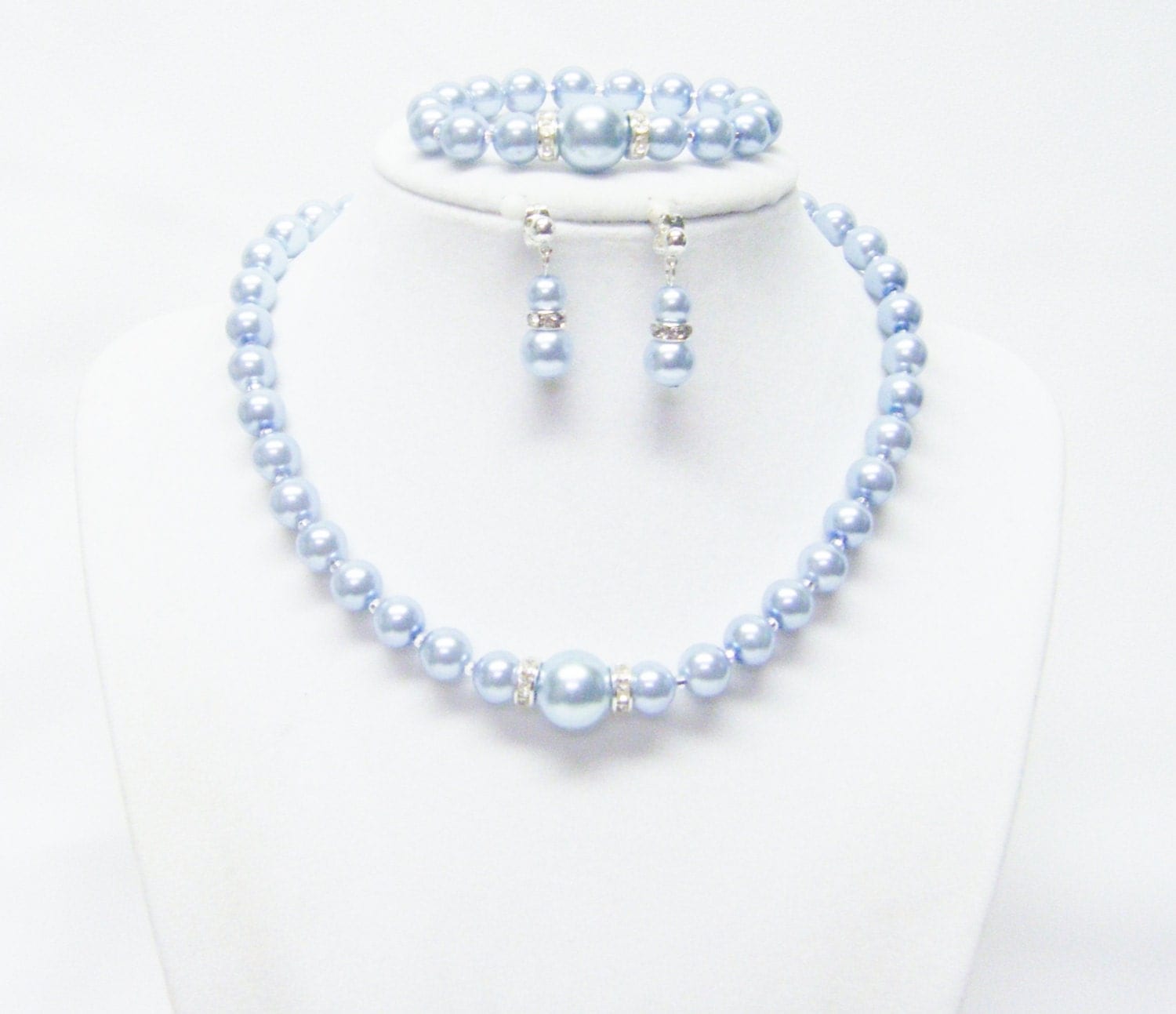 14.5 Light Blue Glass Pearl Necklace/Bracelet & Earrings Set