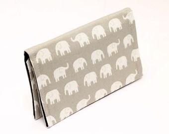Fabric card holder, cute mini wallet, business card case, gift card case women, small animal wallet for kids- grey/beige white tiny elephant