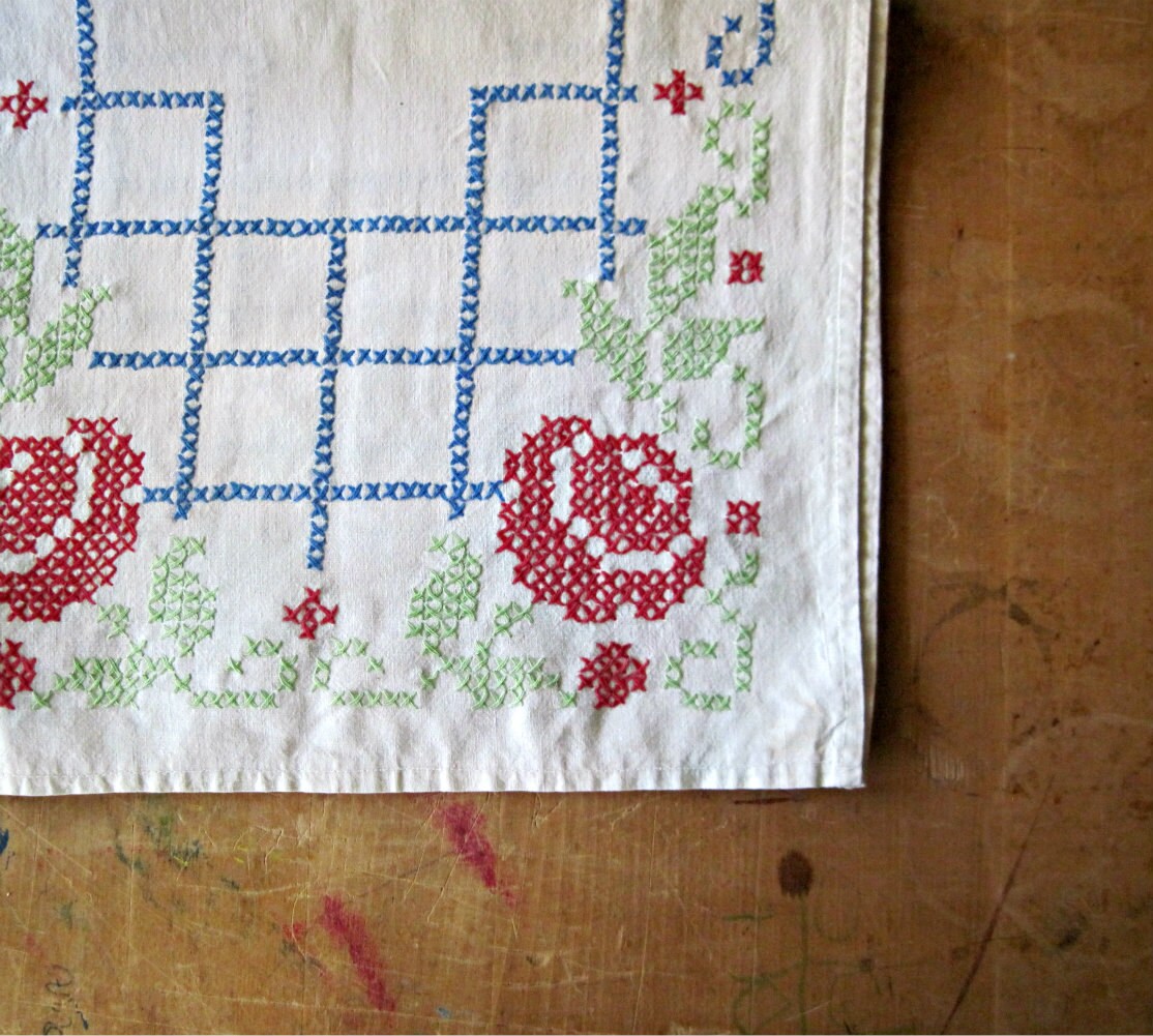 Cross Stitch Runner Cotton Dresser Scarf Embroidered of