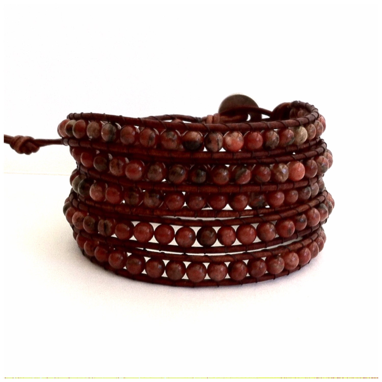 Leather Wrap Bracelet Red Sesame Jasper Stones Natural