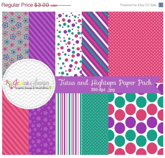 50% OFF- INSTANT DOWNLOAD, tutus and hightops digital paper pack, green, purple, pink, digital scrapbooking paper, digital backgrounds, girl Il_570xn