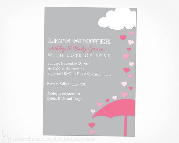 Pink and Grey Girl Baby Shower Invitation - PRINTABLE Rain Shower with Love Hearts Umbrella - Pink and Gray Baby Shower Invite for Girl Il_570xn