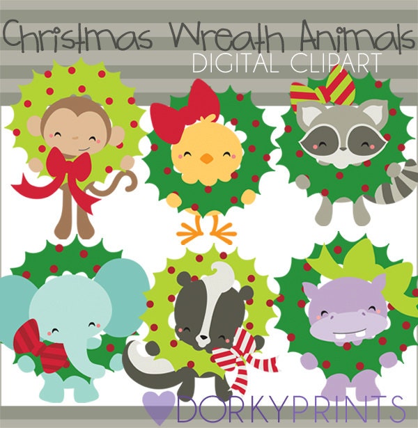 Christmas Wreath Animals Digital Clip Art Set -Personal and Commercial Use- Elephant, Skunk, Chick, Holiday Clipart